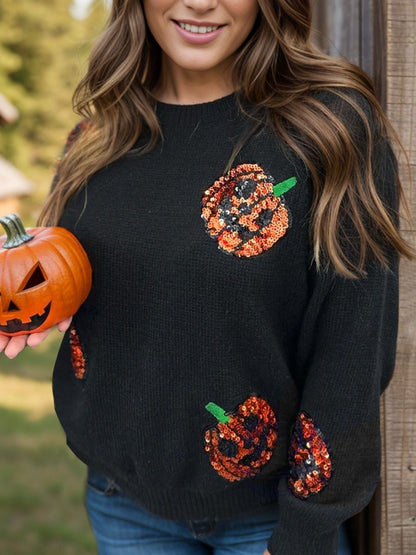 Plus Size Sequin Pumpkin Round Neck Sweater-Angel Casuals