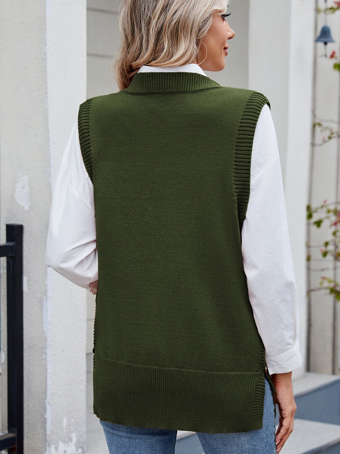 Buttoned Round Neck Sweater Vest-Angel Casuals