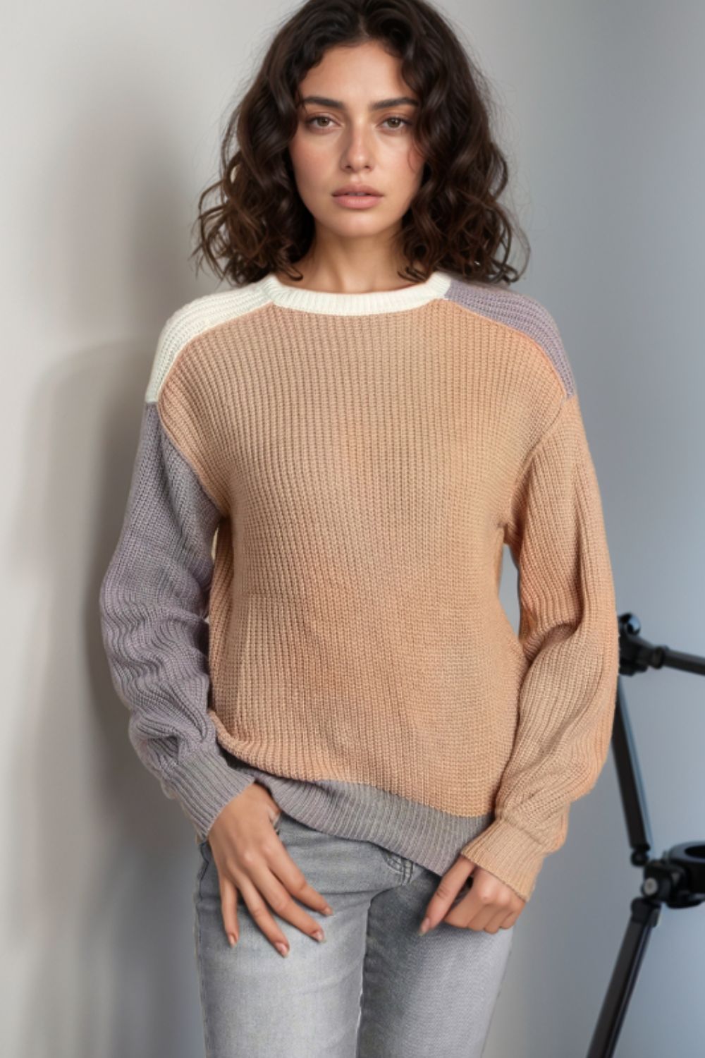 Color Block Round Neck Drop Shoulder Sweater-Angel Casuals