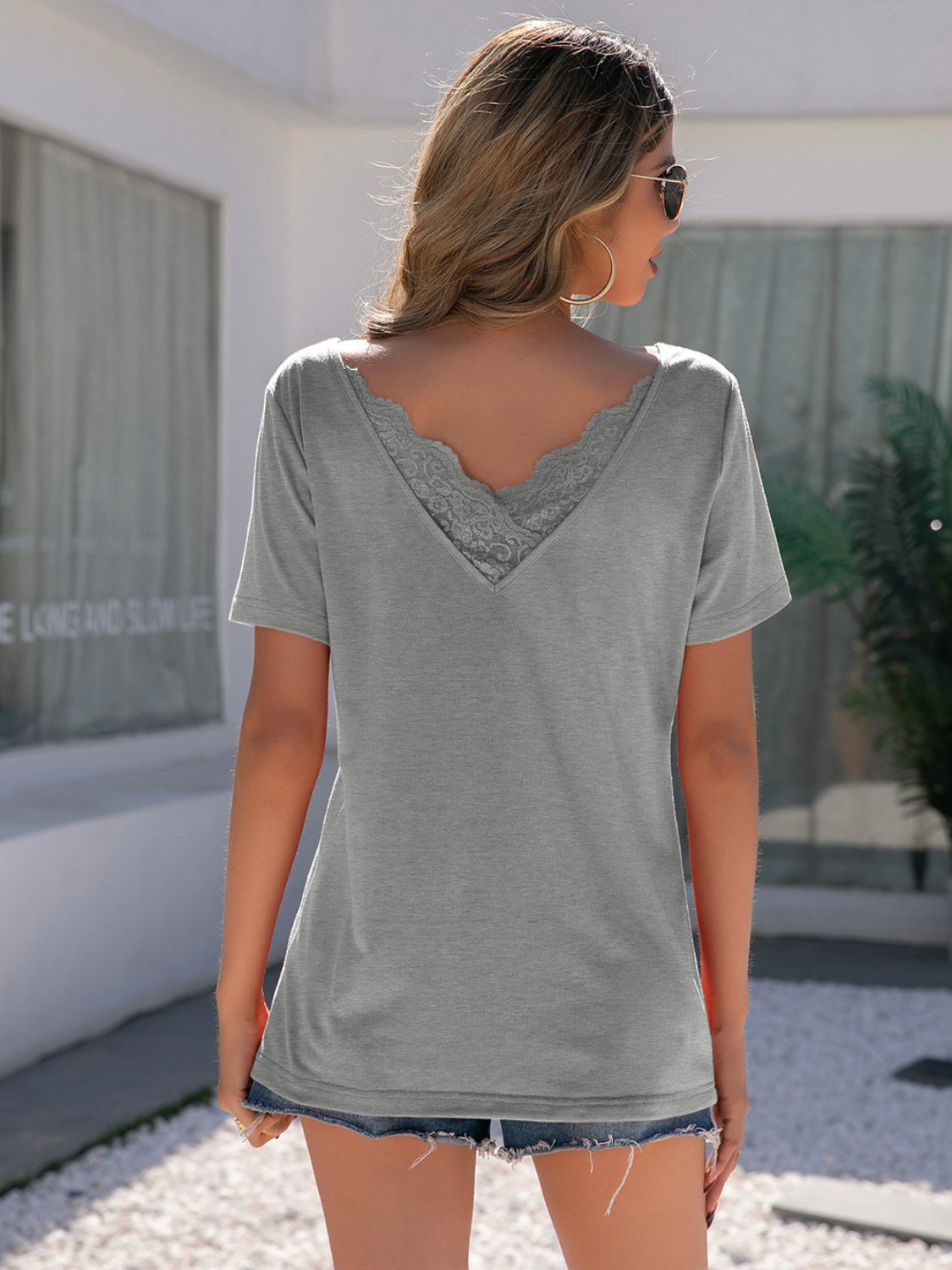 Lace Detail V-Neck Short Sleeve T-Shirt-Angel Casuals