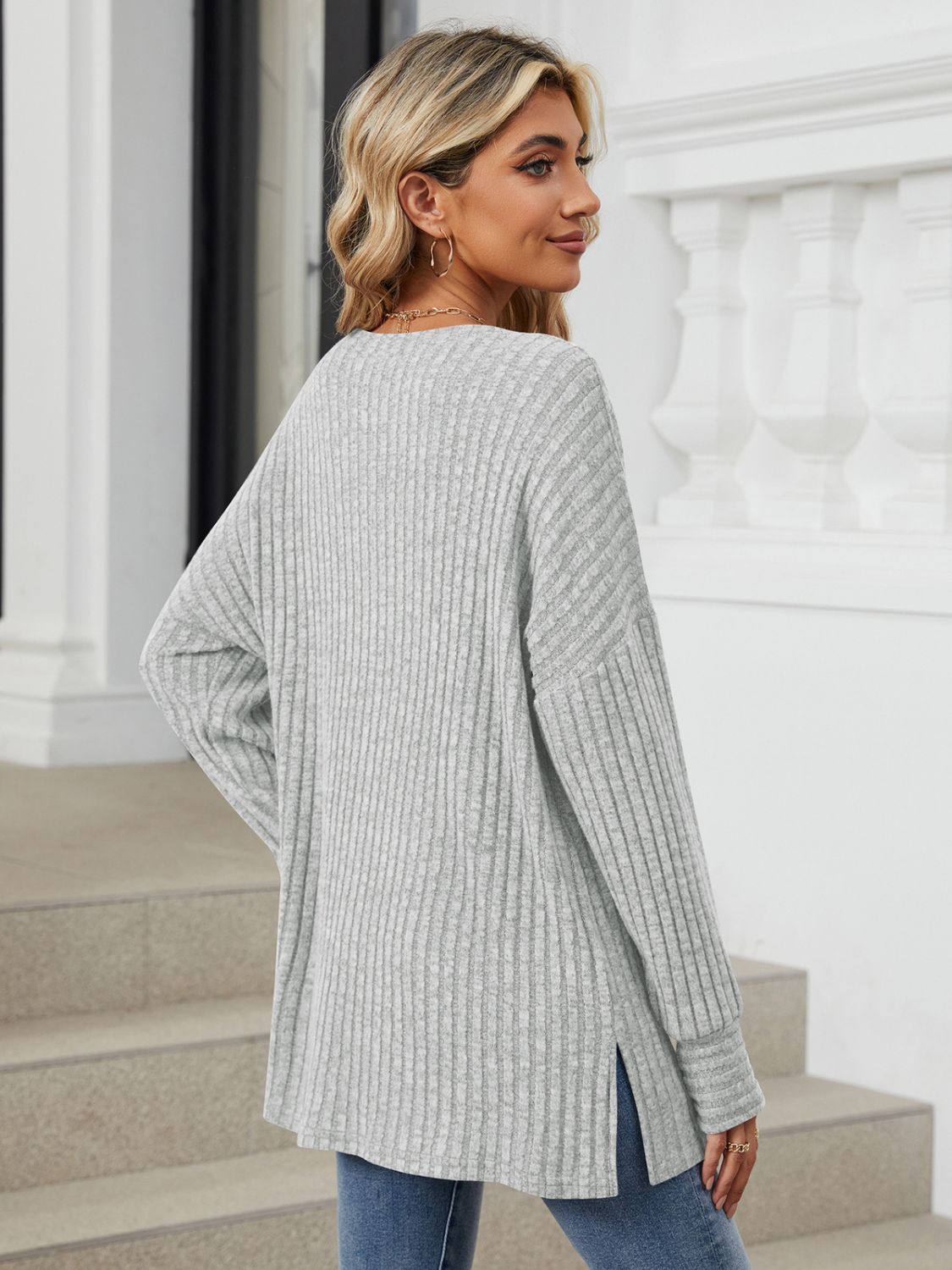 Ribbed Round Neck Long Sleeve T-Shirt-Angel Casuals
