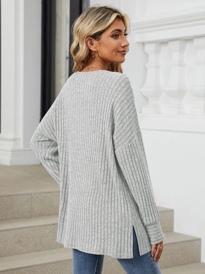 Ribbed Round Neck Long Sleeve T-Shirt-Angel Casuals