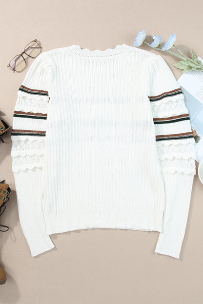 Striped Hollow Out Round Neck Long Sleeve Sweater-Angel Casuals