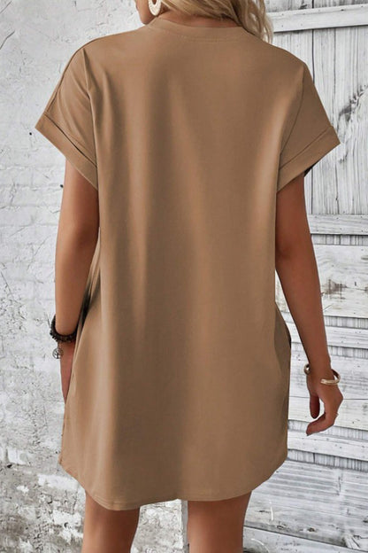 Pocketed Round Neck Short Sleeve Dress-Angel Casuals