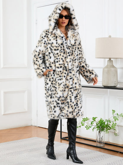 Thermal Leopard Faux Fur Hooded Outerwear-Angel Casuals