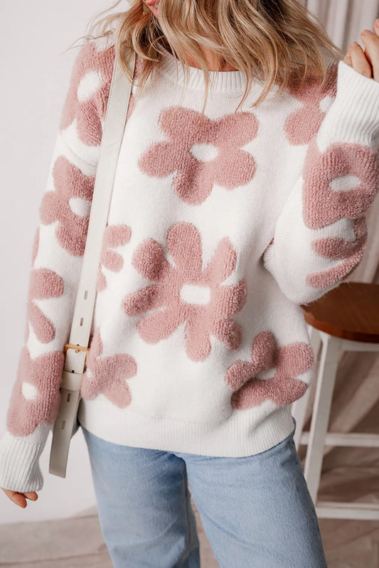 Flower Round Neck Long Sleeve Knit Top-Angel Casuals