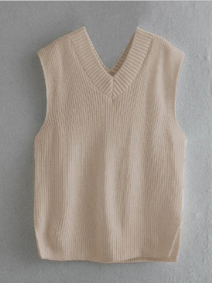 Ribbed V-Neck Sleeveless Sweater Vest-Angel Casuals
