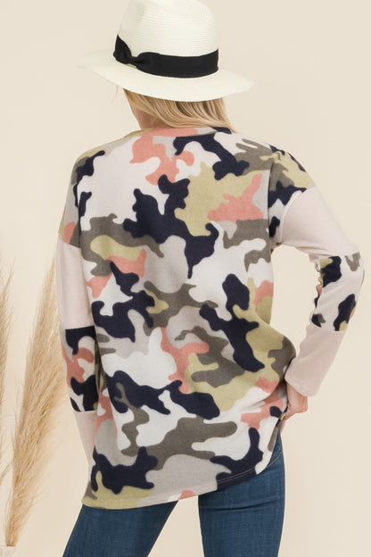 Celeste Full Size Camo Print Contrast Long Sleeve T-Shirt-Angel Casuals