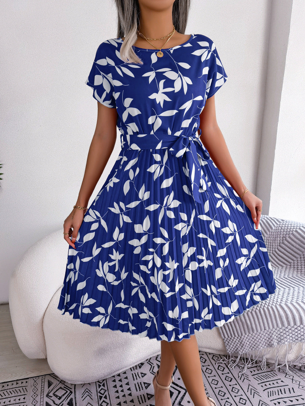 Printed Round Neck Short Sleeve Pleated Dress-Angel Casuals