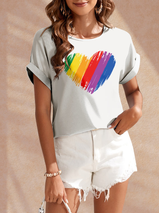 Heart Round Neck Short Sleeve T-Shirt-Angel Casuals