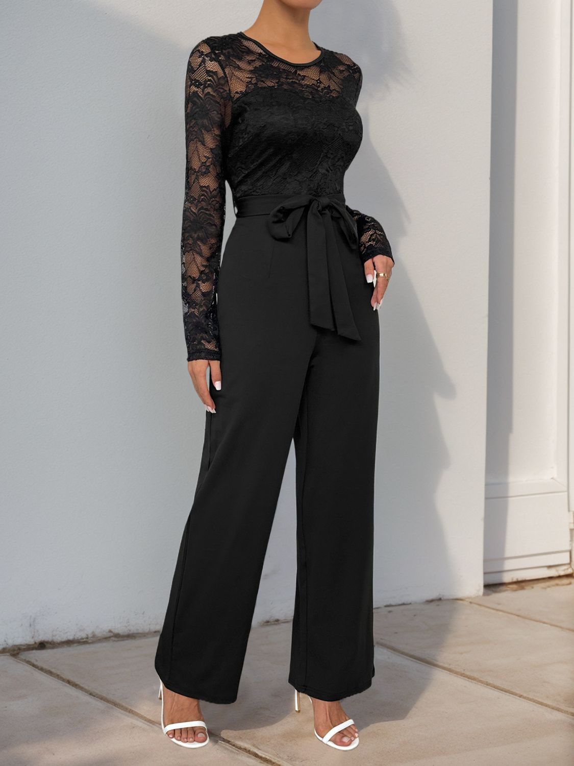 Perfee Lace Round Neck Long Sleeve Jumpsuit-Angel Casuals