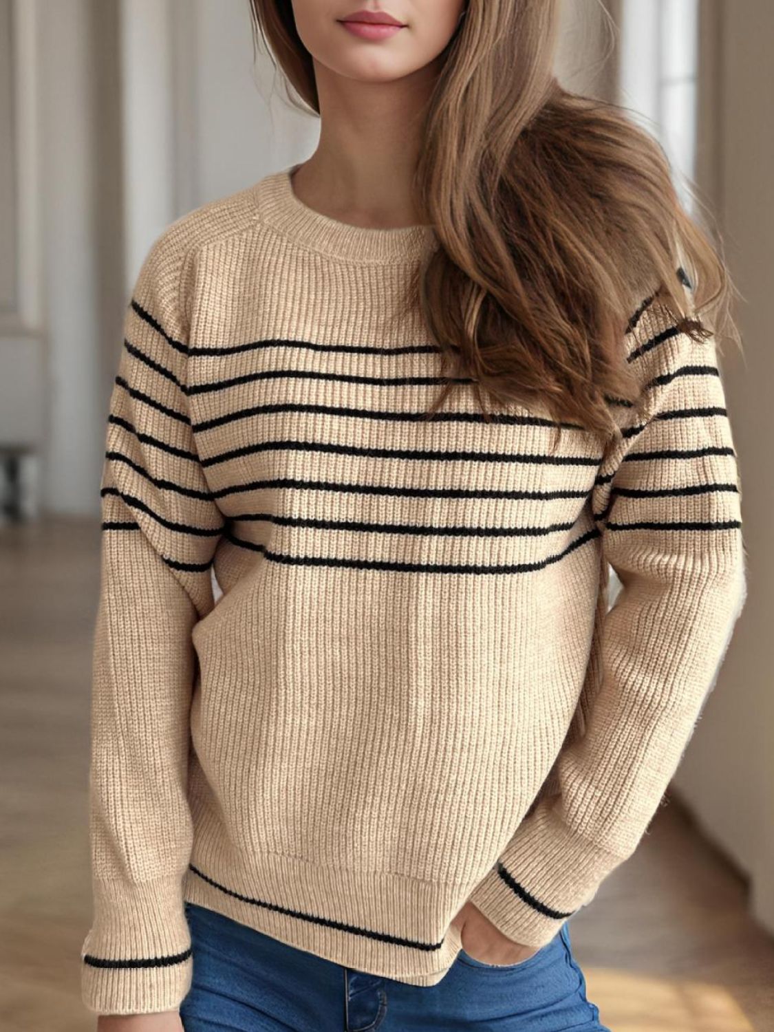 Striped Round Neck Long Sleeve Sweater-Angel Casuals