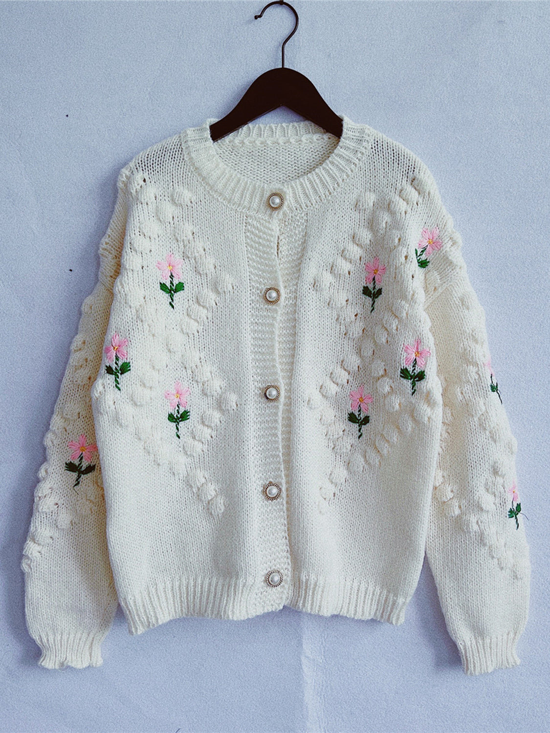 Floral Button Up Round Neck Long Sleeve Cardigan-Angel Casuals
