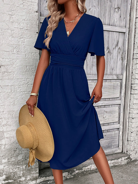 Surplice Flutter Sleeve Midi Dress-Angel Casuals