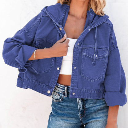 Hooded Dropped Shoulder Denim Jacket-Angel Casuals