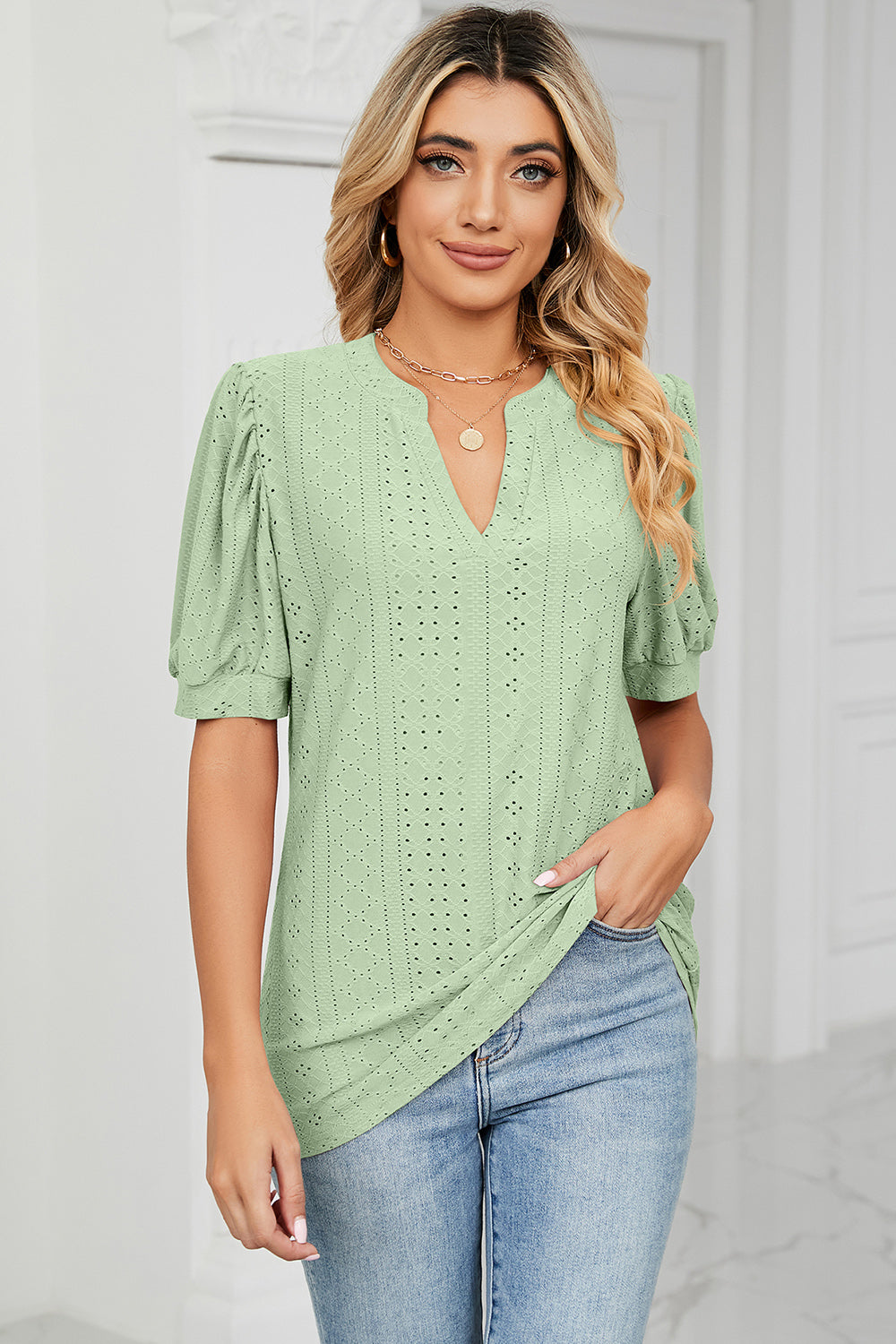 Eyelet Notched Short Sleeve T-Shirt-Angel Casuals