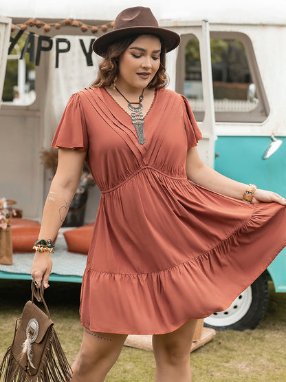 Plus Size Ruffle Hem V-Neck Short Sleeve Dress-Angel Casuals