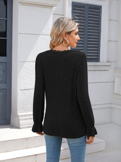 Lace Detail V-Neck Long Sleeve T-Shirt-Angel Casuals