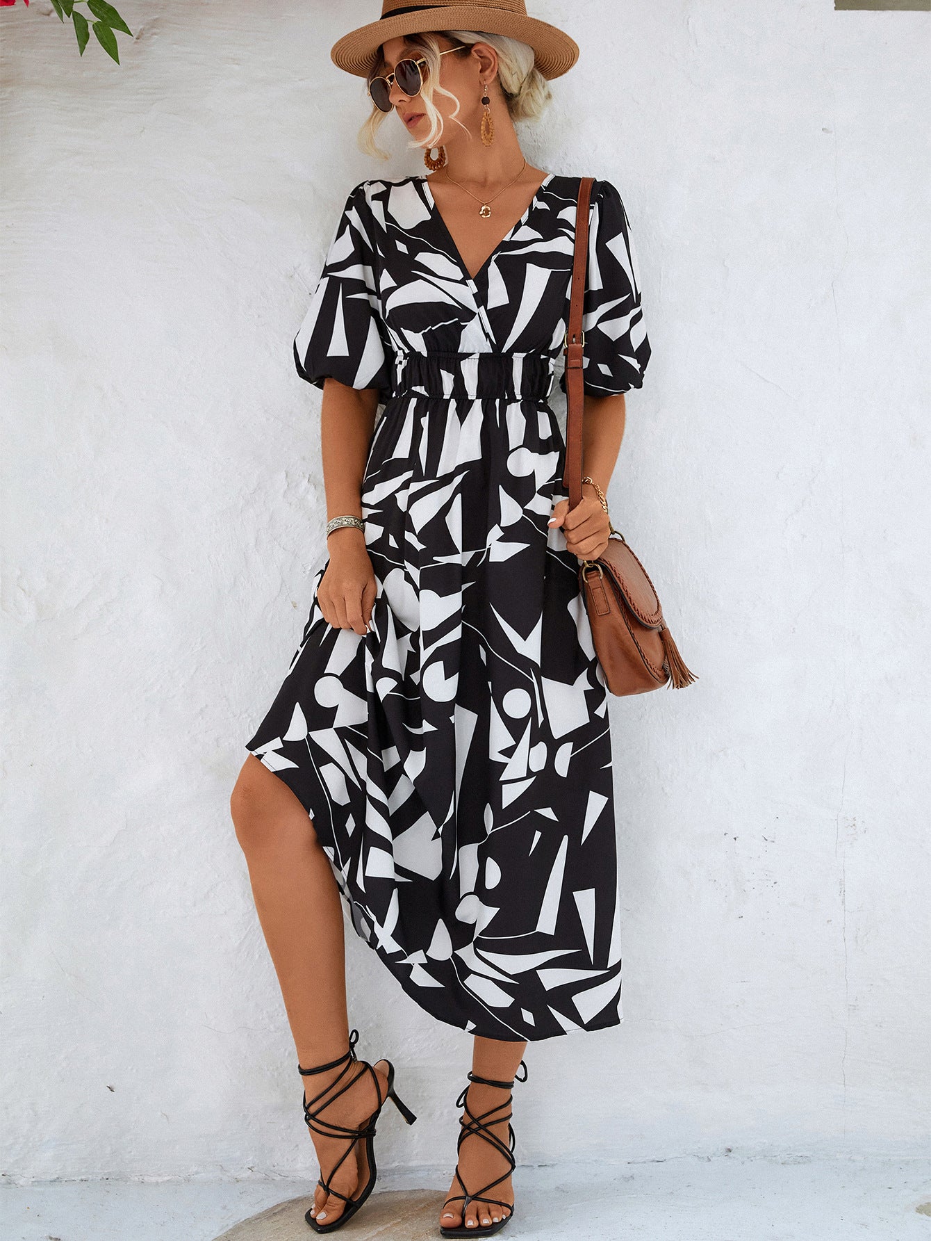 Printed Surplice Balloon Sleeve Dress-Angel Casuals