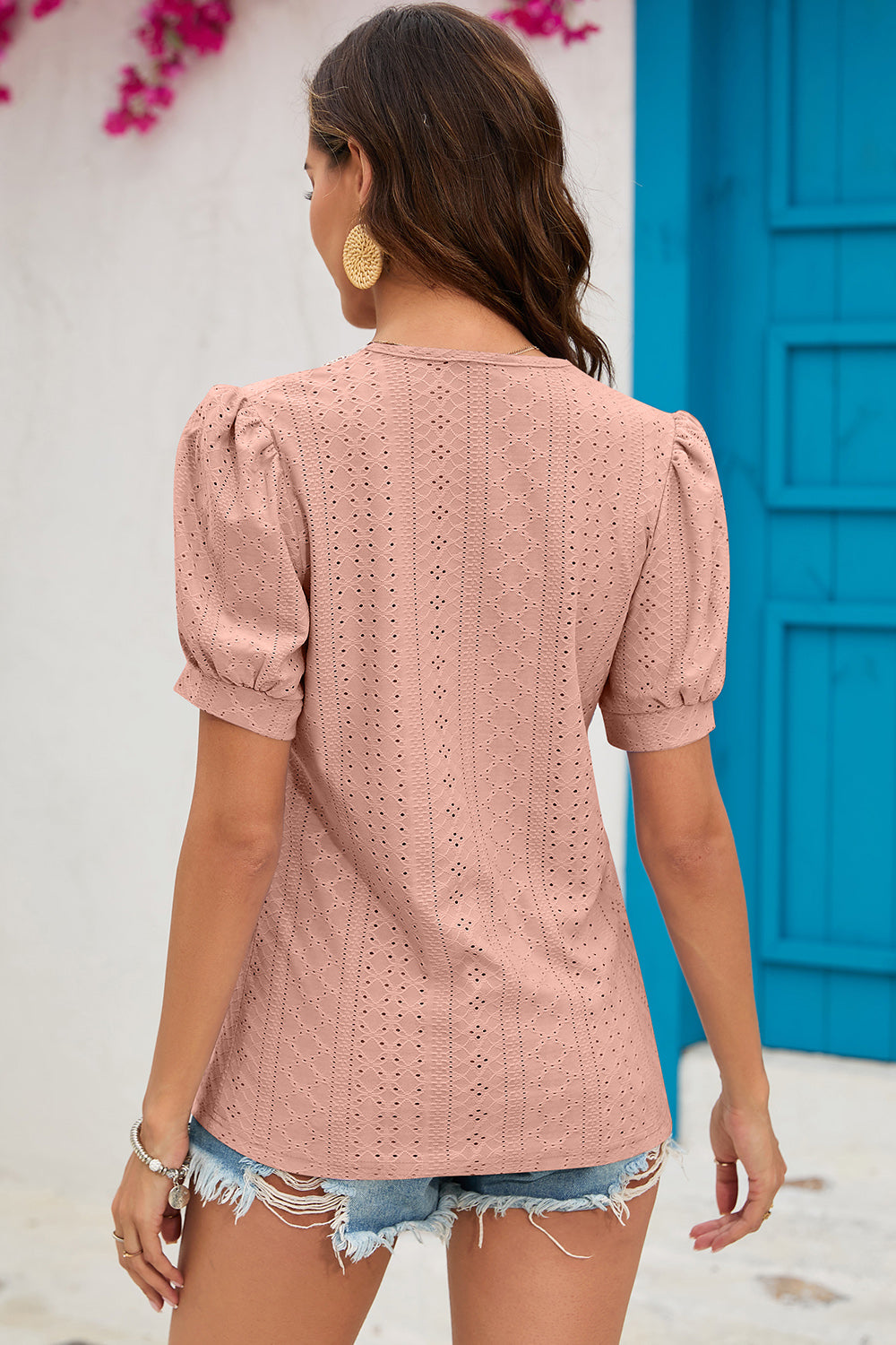 Eyelet V-Neck Short Sleeve T-Shirt-Angel Casuals