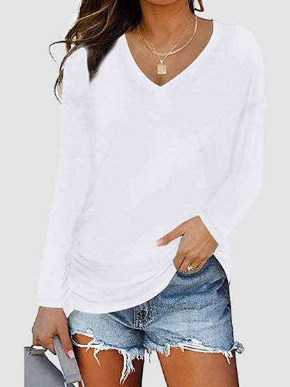 Ruched V-Neck Long Sleeve T-Shirt-Angel Casuals