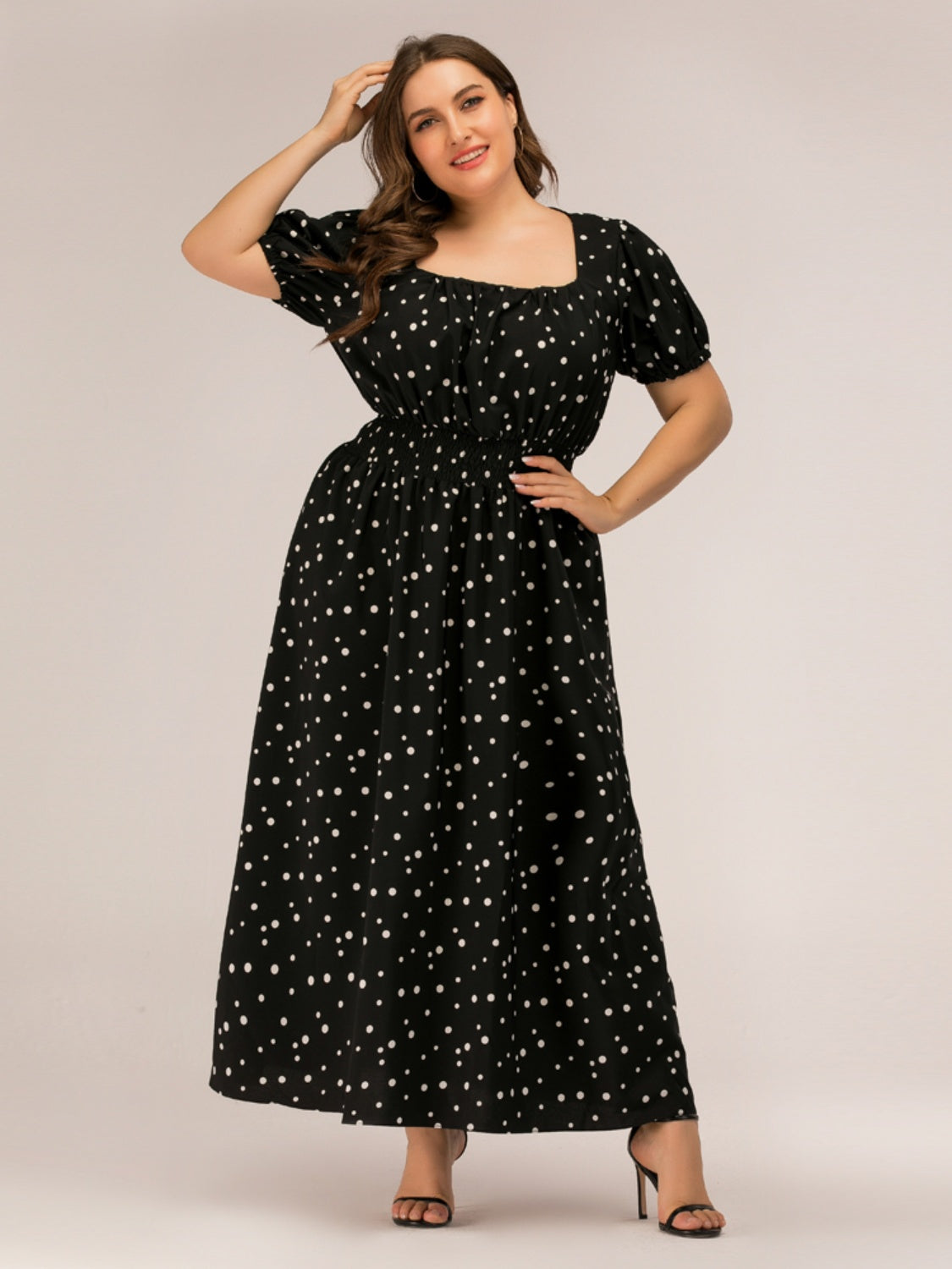 Plus Size Polka Dot Square Neck Dress-Angel Casuals