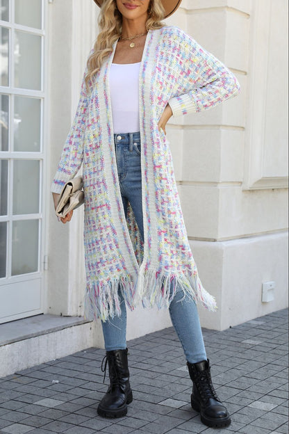 Multicolored Open Front Fringe Hem Cardigan-Angel Casuals