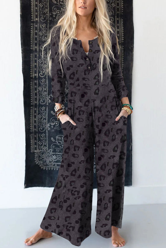 Leopard Buttoned Wide Leg Jumpsuit-Angel Casuals