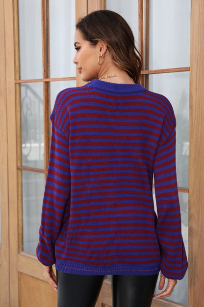 Angel Wings Striped Round Neck Dropped Shoulder Sweater-Angel Casuals