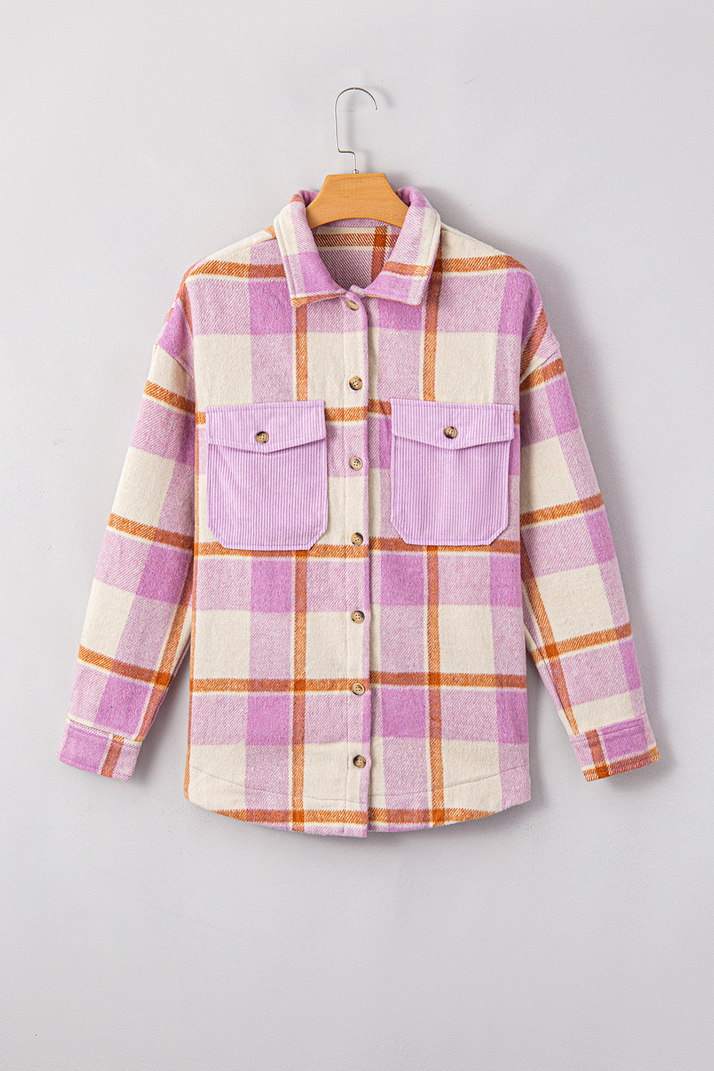 Plaid Corduroy Pockets Brushed Checkered Shacket-Angel Casuals