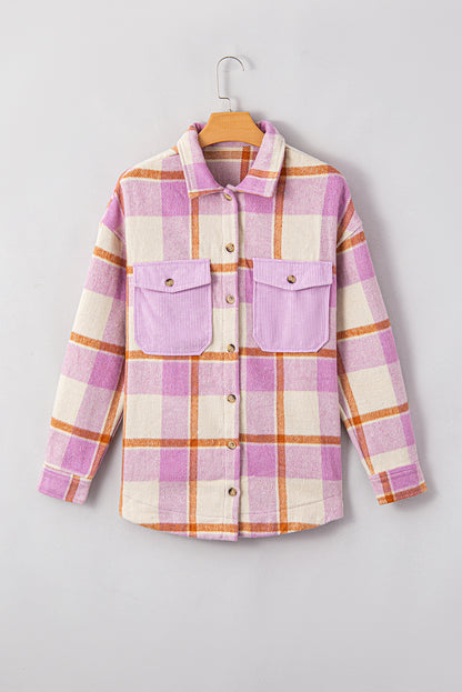 Plaid Corduroy Pockets Brushed Checkered Shacket-Angel Casuals