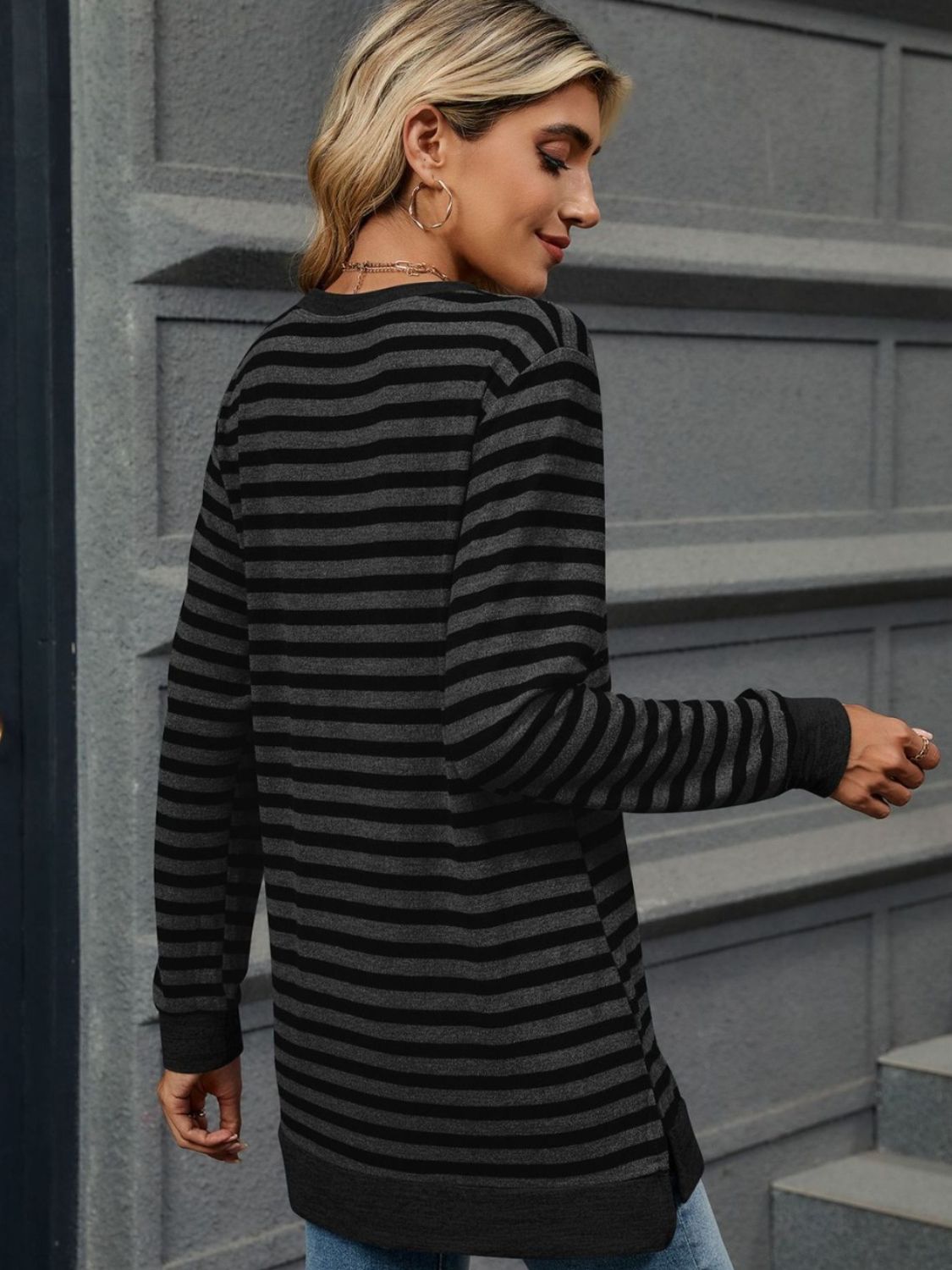 Striped Round Neck Long Sleeve T-Shirt-Angel Casuals