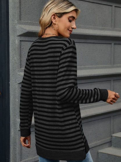 Striped Round Neck Long Sleeve T-Shirt-Angel Casuals