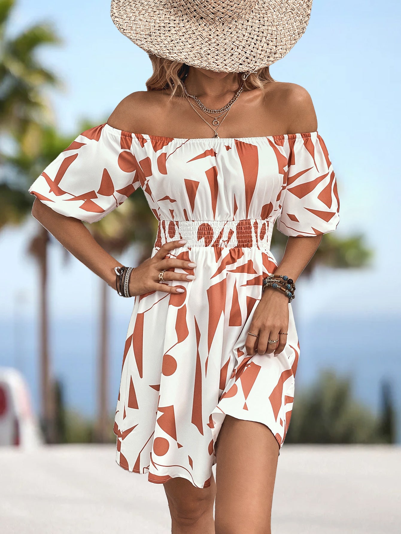 Printed Off-Shoulder Smocked Waist Dress-Angel Casuals