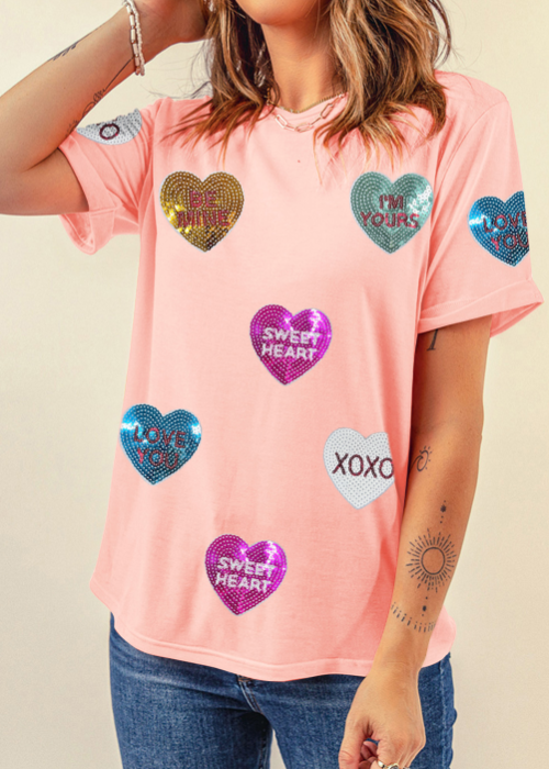 Valentine’s Day Sequin Heart Round Neck Short Sleeve T-Shirt-Angel Casuals