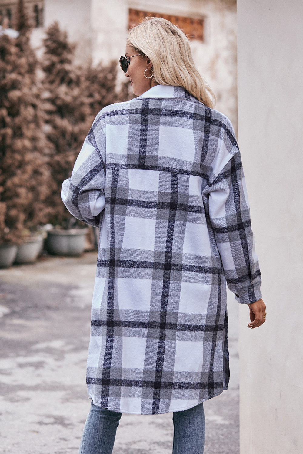 Mandy Plaid Dropped Shoulder Longline Jacket-Angel Casuals