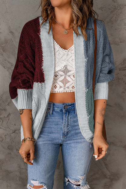 Woven Right Color Block Cable-Knit Batwing Sleeve Cardigan-Angel Casuals