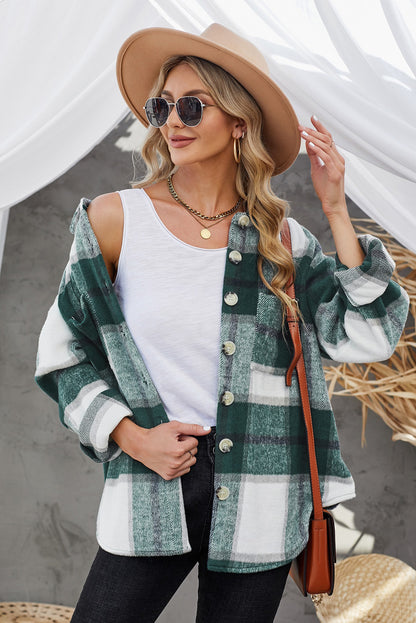 Plaid Button Up Dropped Shoulder Jacket-Angel Casuals