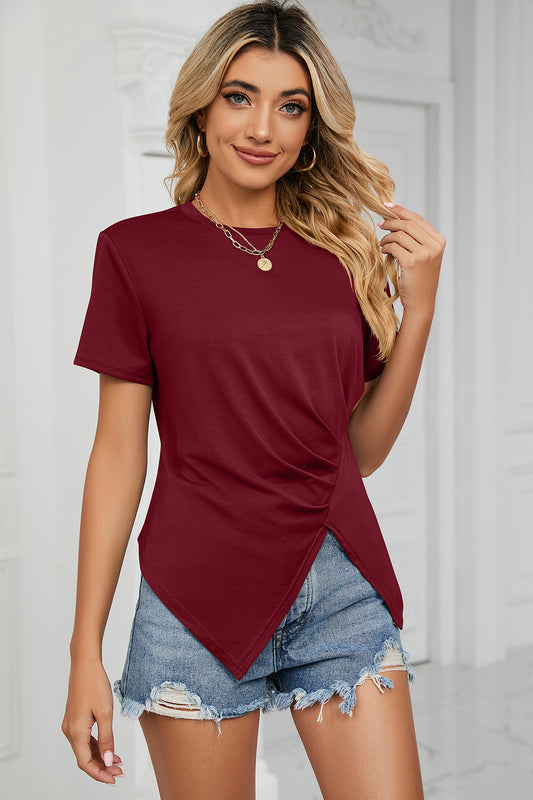 Ruched Round Neck Short Sleeve T-Shirt-Angel Casuals