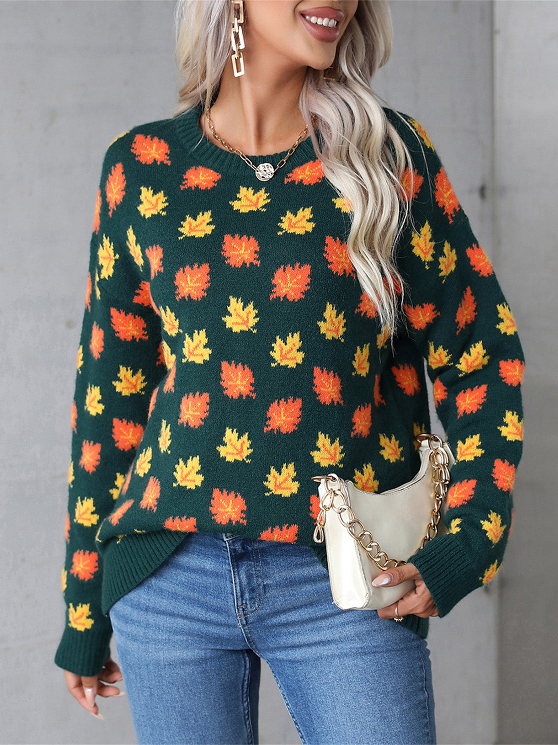 Angel Wings Maple Leaf Round Neck Long Sleeve Sweater-Angel Casuals