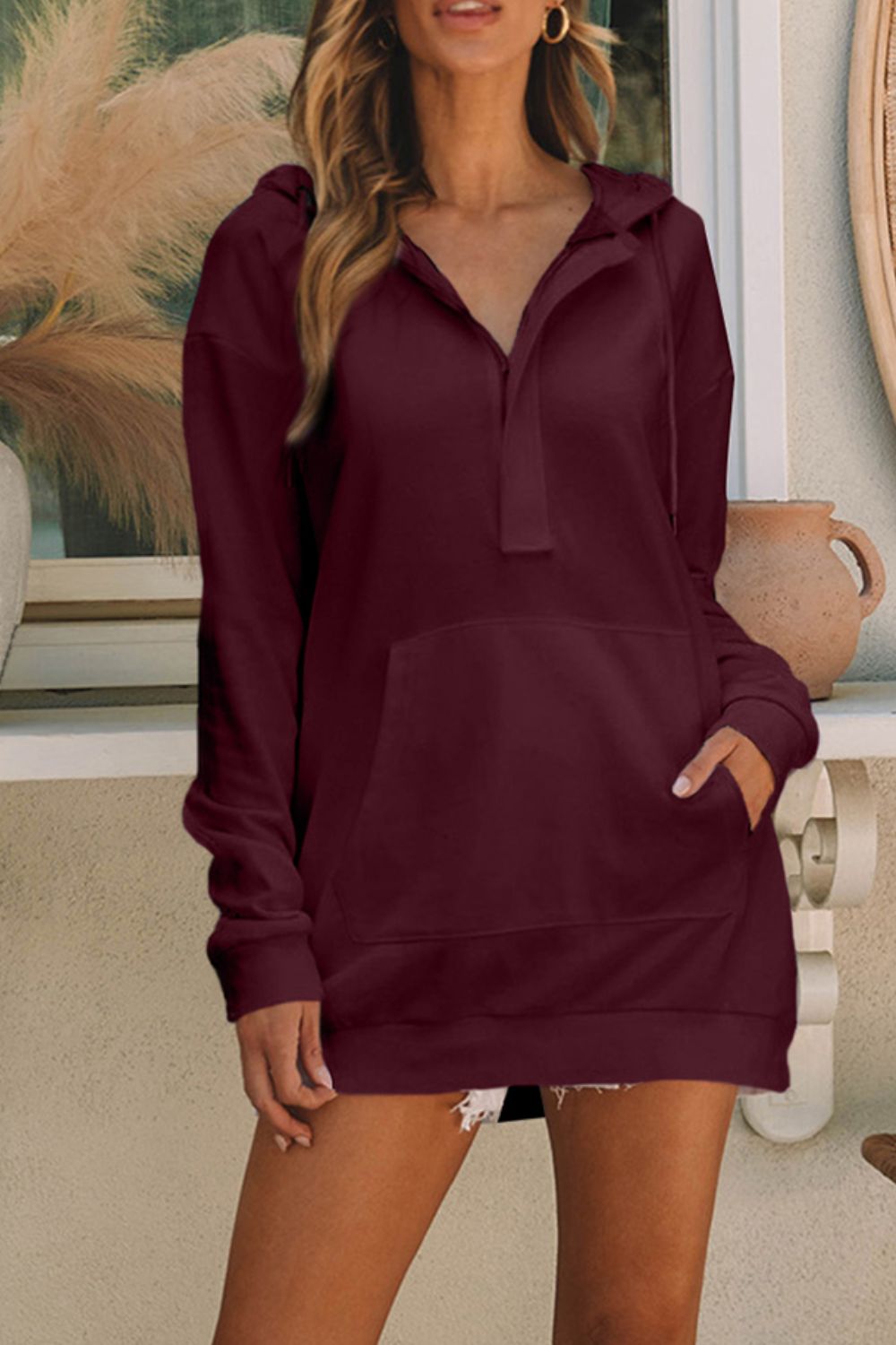 Drawstring Half Zip Hooded Dress-Angel Casuals