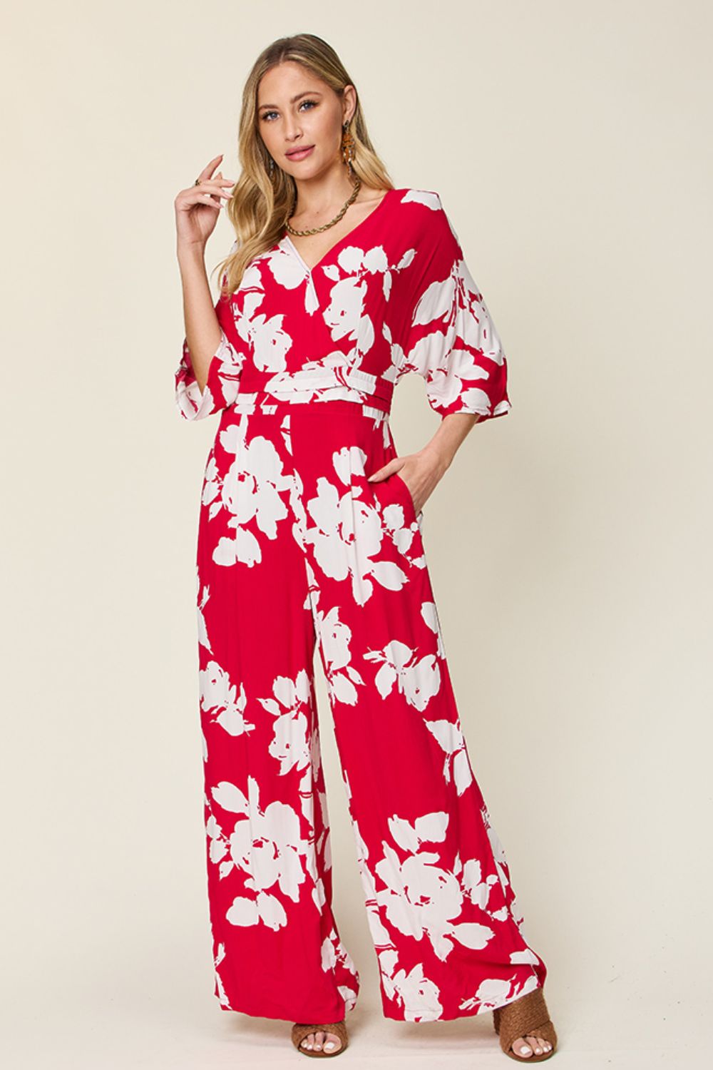 Double Take Full Size Printed Tie Back Wide Leg Jumpsuit-Angel Casuals