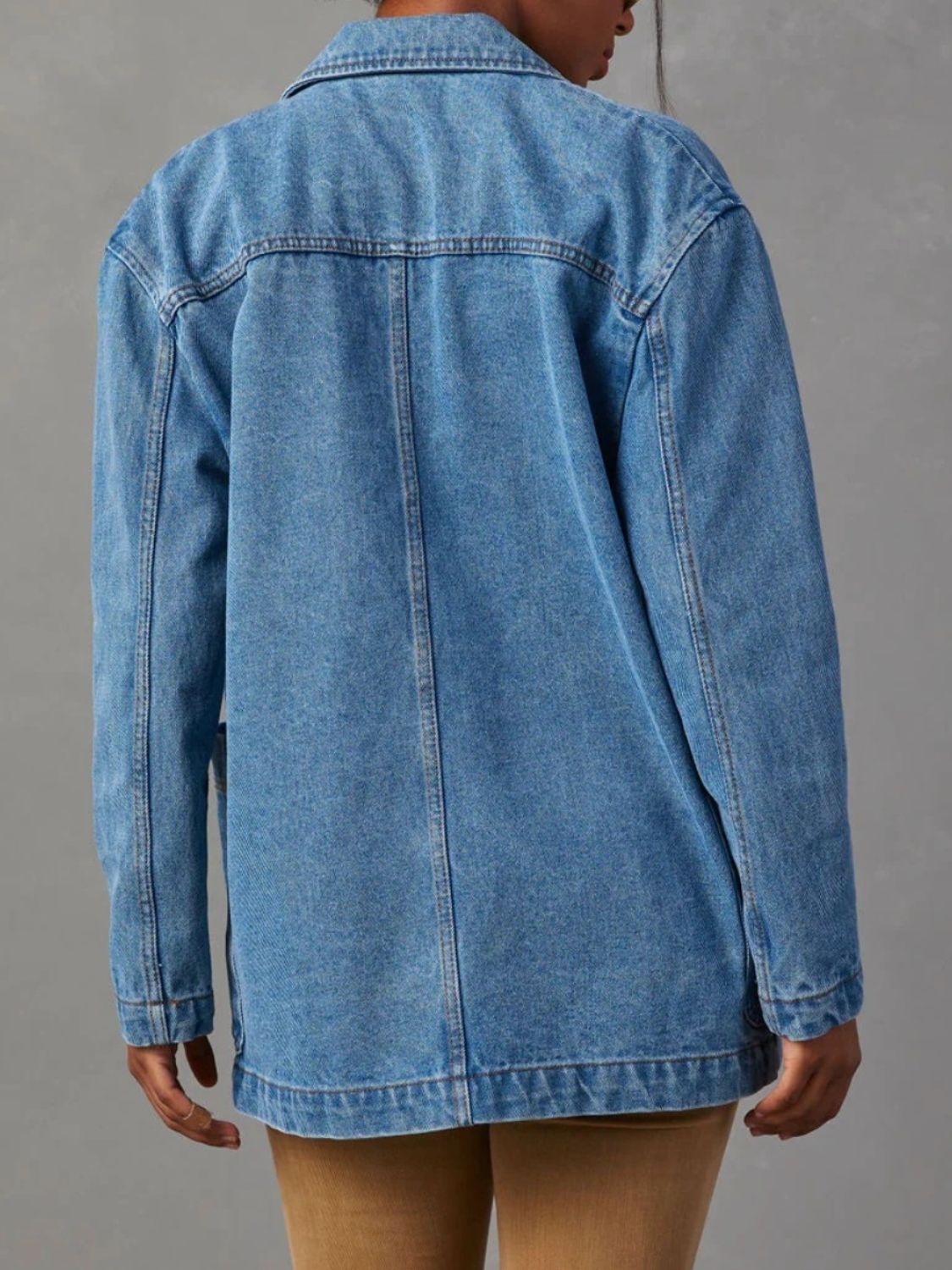 Pocketed Lapel Collar Long Sleeve Denim Jacket-Angel Casuals