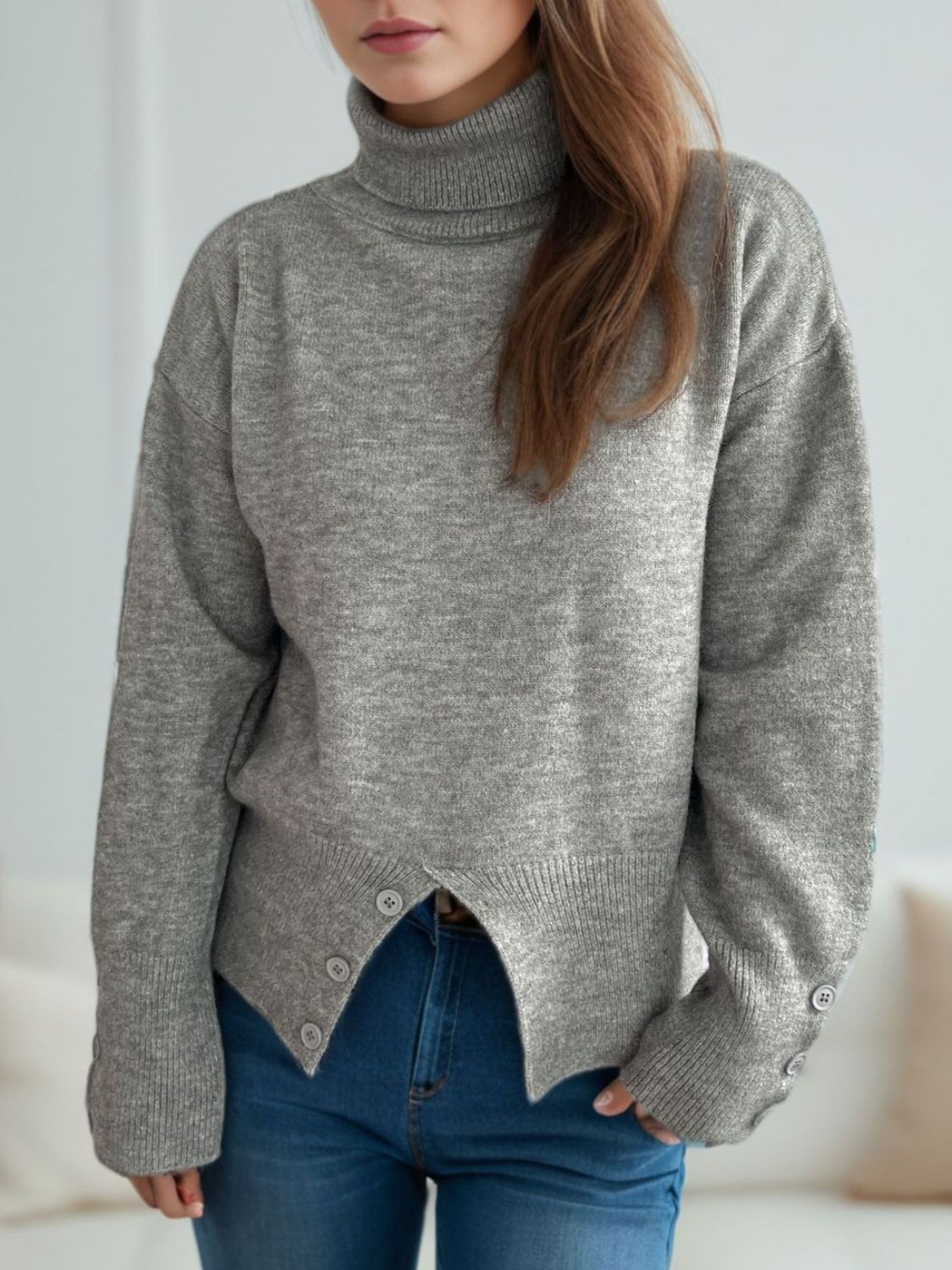 Front Slit Decorative Button Turtleneck Sweater-Angel Casuals