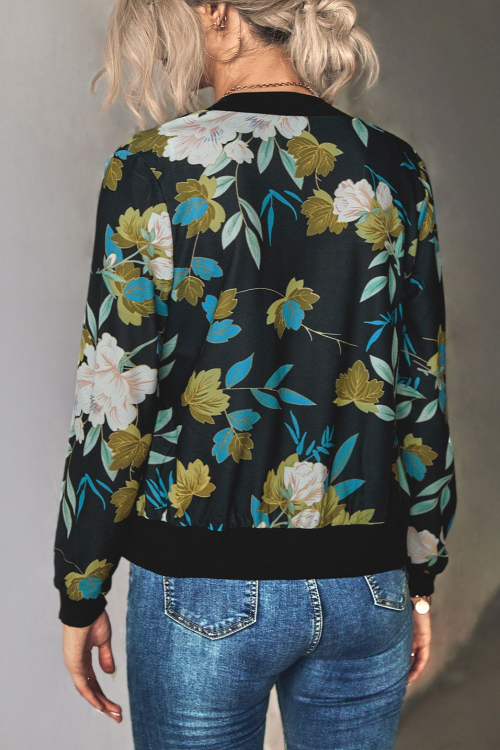 Floral Zip Up Ribbed Trim Bomber Jacket-Angel Casuals