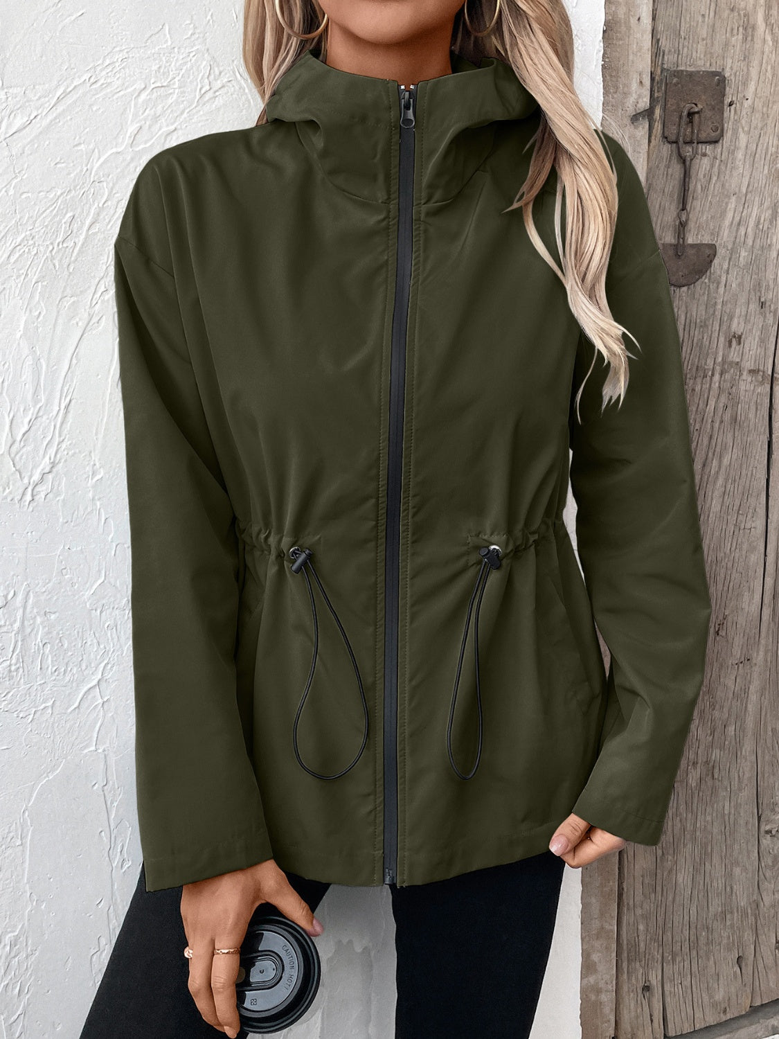 Ivy Lane Drawstring Zip Up Hooded Jacket-Angel Casuals