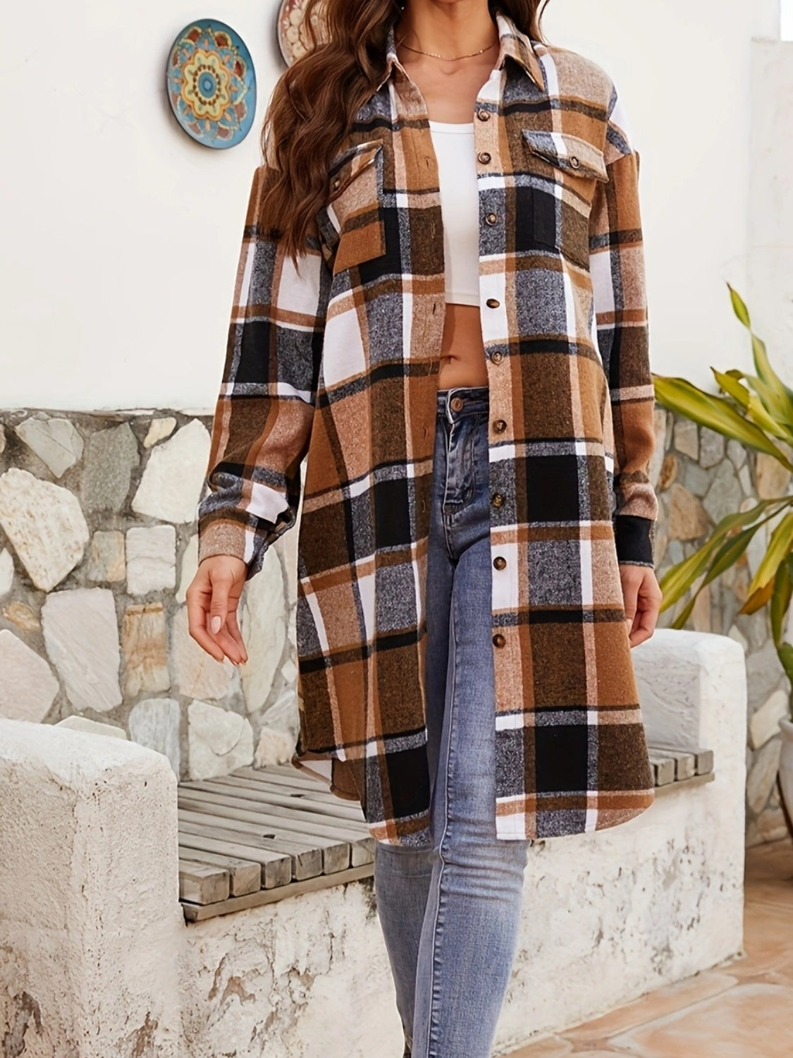 Plaid Collared Neck Long Sleeve Jacket-Angel Casuals