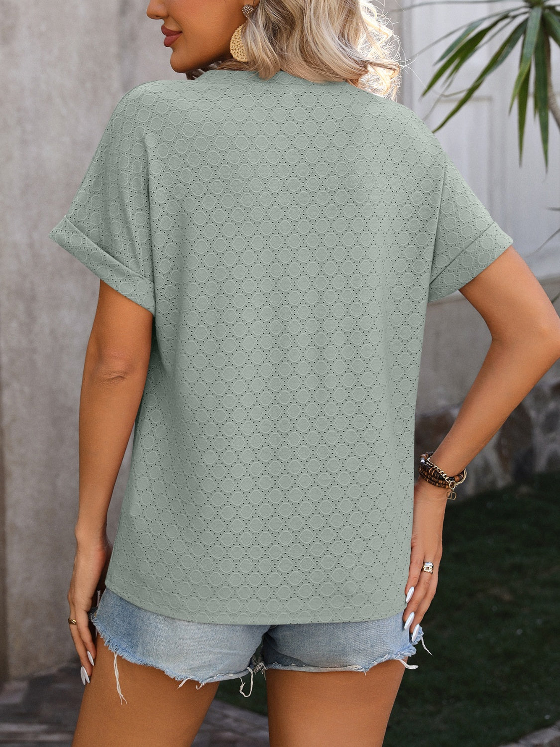Eyelet Notched Short Sleeve T-Shirt-Angel Casuals