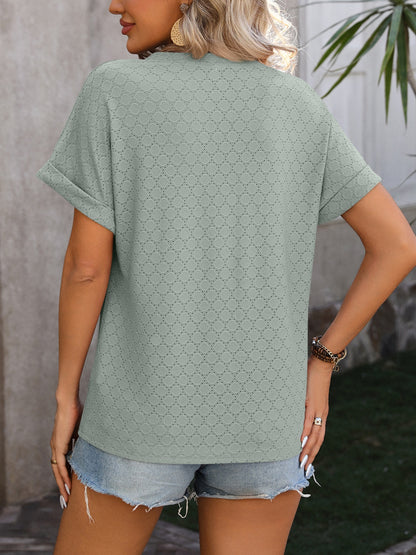 Eyelet Notched Short Sleeve T-Shirt-Angel Casuals