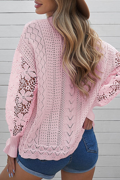 Openwork Round Neck Long Sleeve Sweater-Angel Casuals